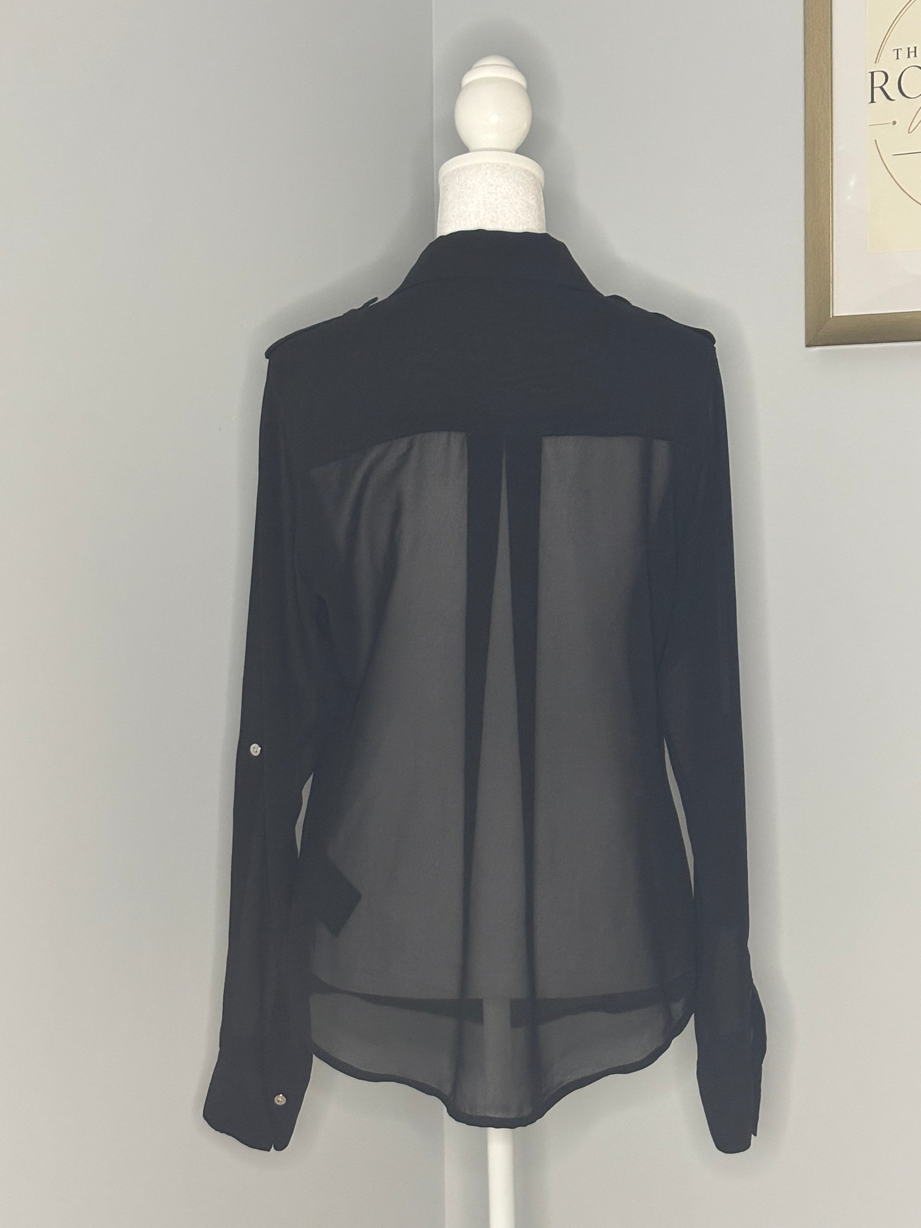 GUESS Los Angeles Sheer Black Button-Front Blouse | Size Medium