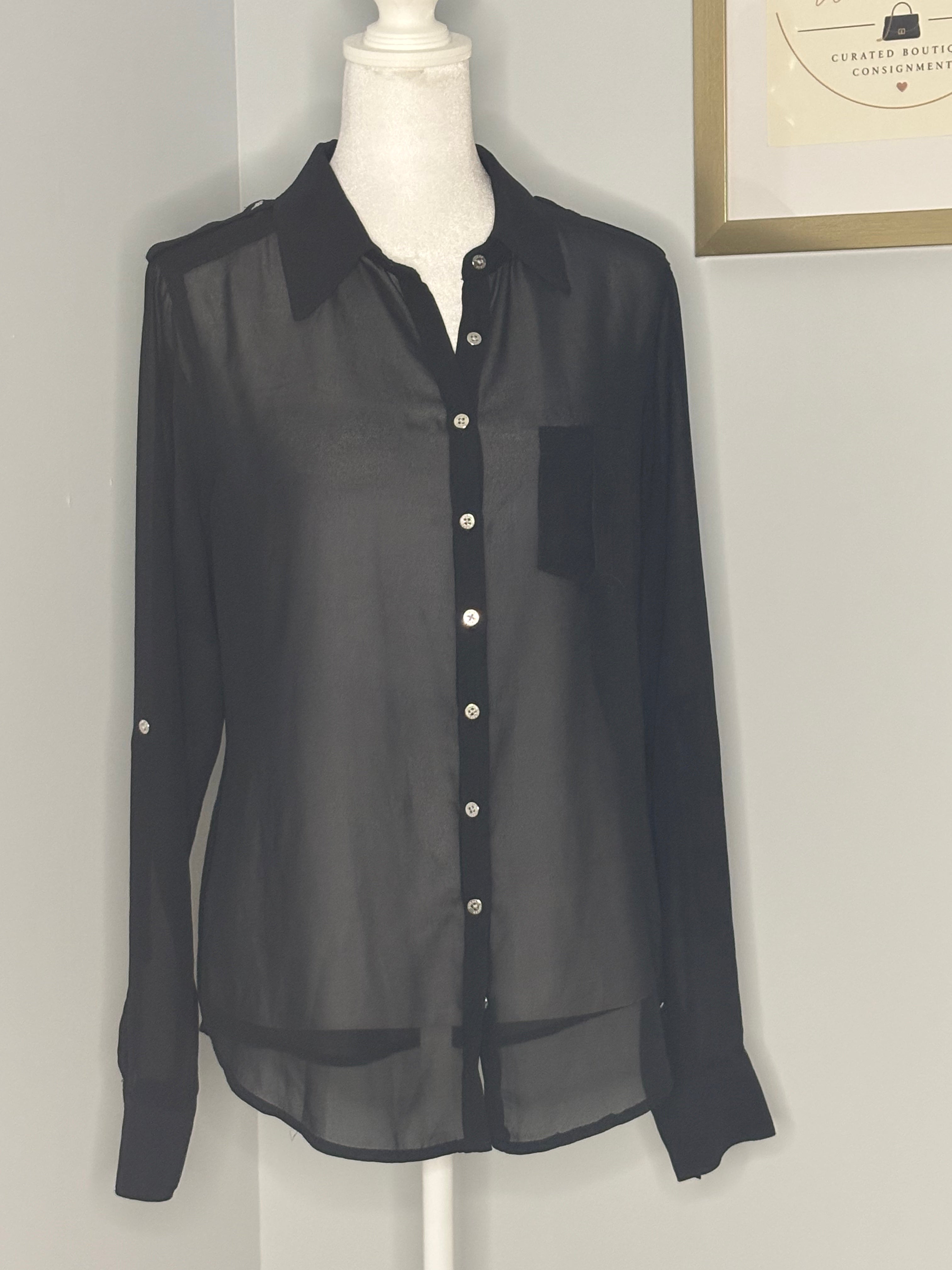 GUESS Los Angeles Sheer Black Button-Front Blouse | Size Medium