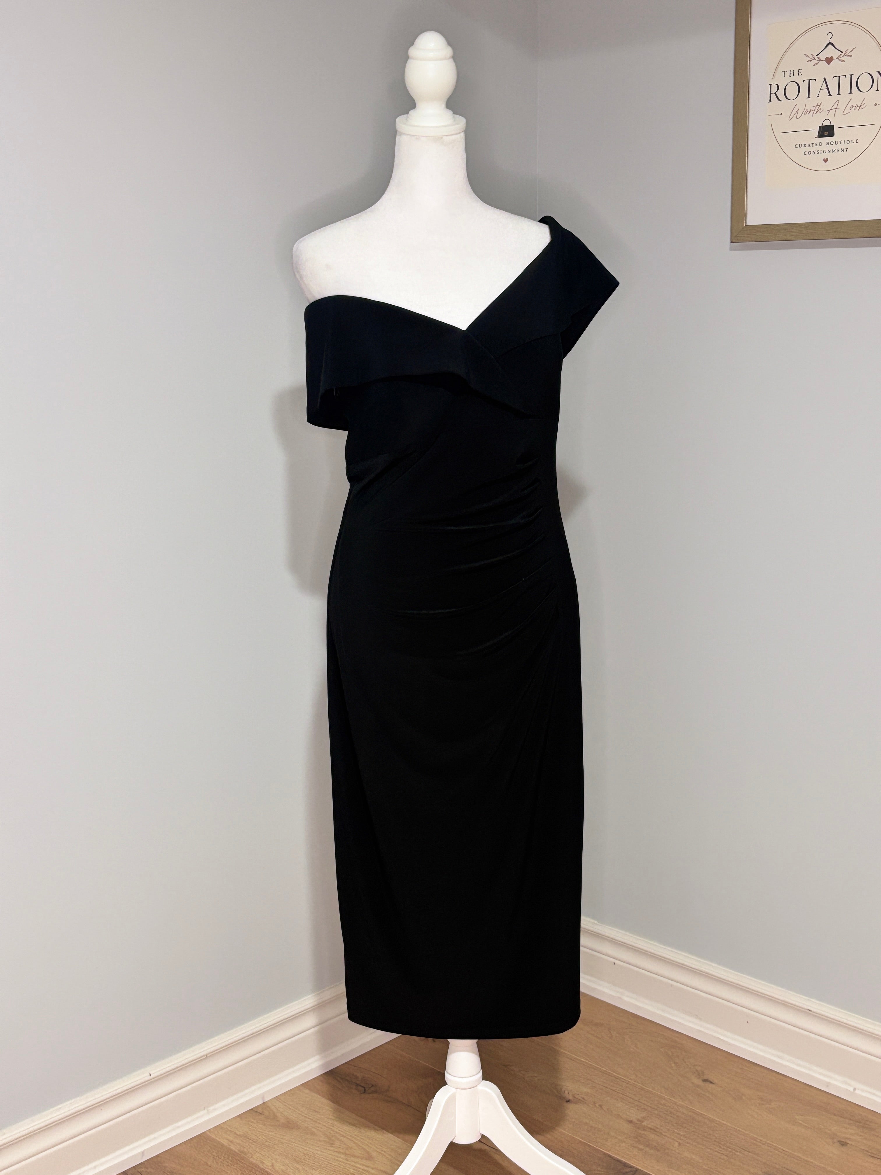B.A. Nites Black Off-the-Shoulder Midi Dress - Size 12 (NWT)
