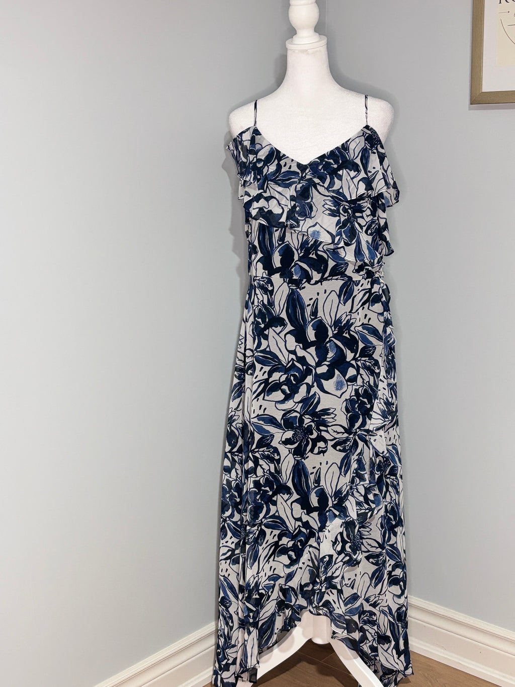 Maggy London - Melanie Lyne Blue & White Floral Ruffle Maxi Dress