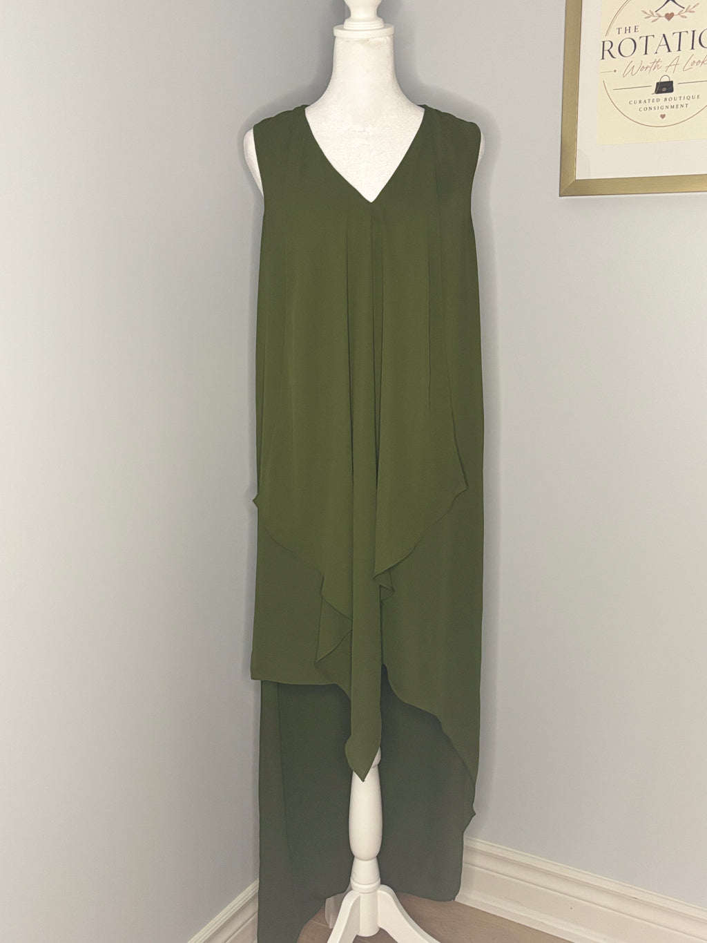 Olive Crepe Chiffon High-Low Maxi Dress | Elegant Cascade Front Detail