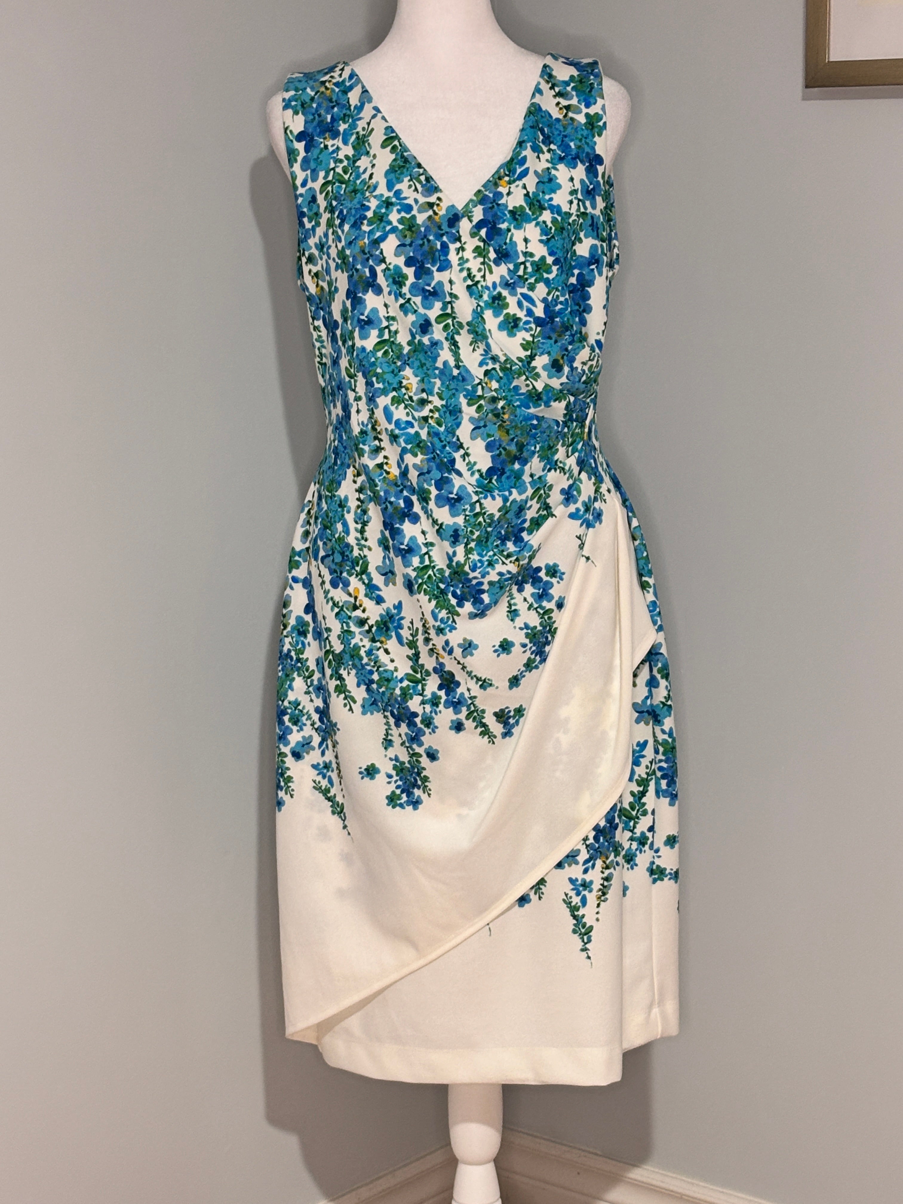 Laura Blue Floral Draped Dress – Size 12 (NWT)