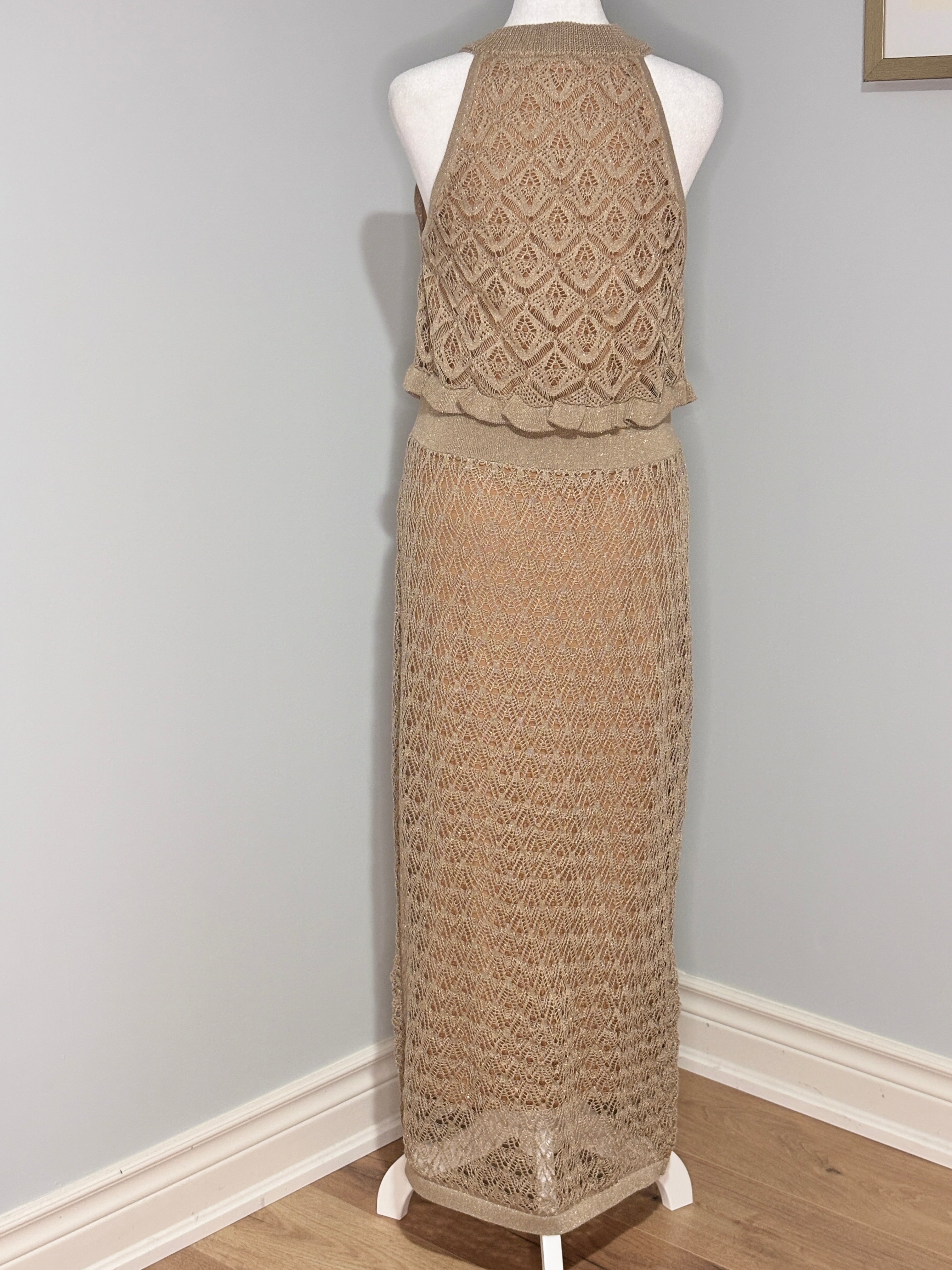 Melanie Lyne Shimmer Crochet Maxi Dress – Size Large (NWT)
