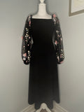 Black Midi Dress with Floral Embroidered Sleeves  Size: Medium