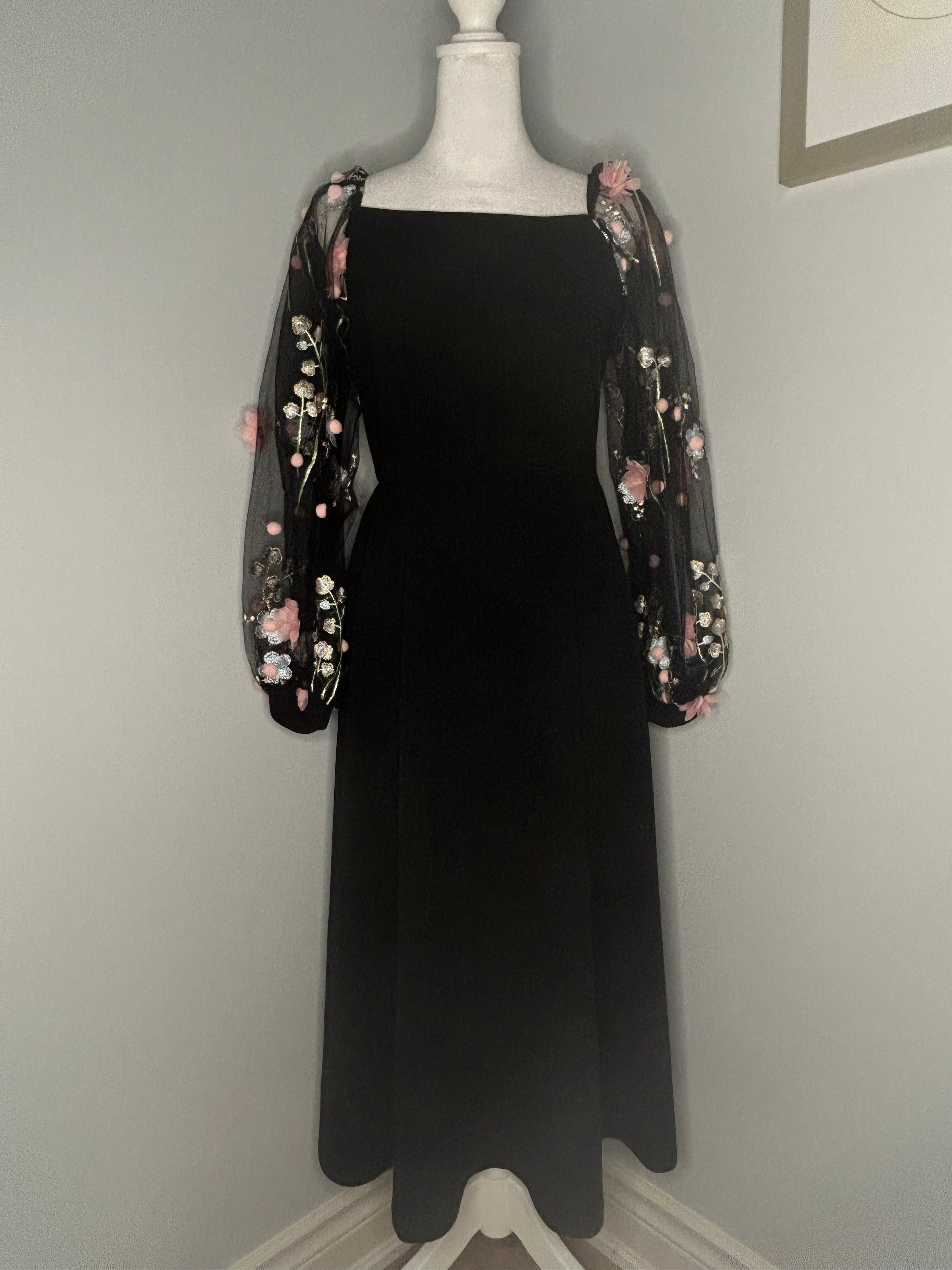 Black Midi Dress with Floral Embroidered Sleeves  Size: Medium