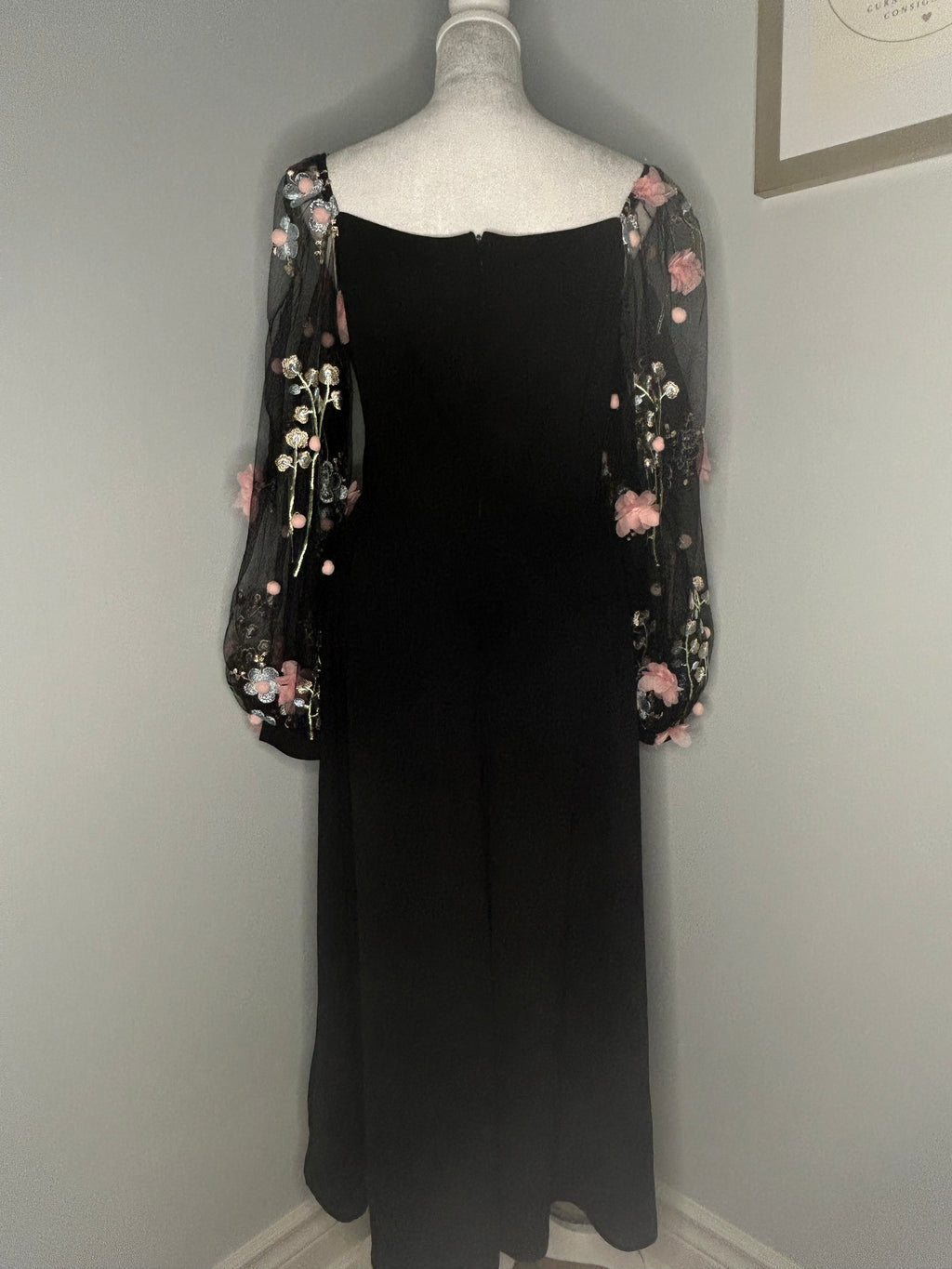 Black Midi Dress with Floral Embroidered Sleeves  Size: Medium