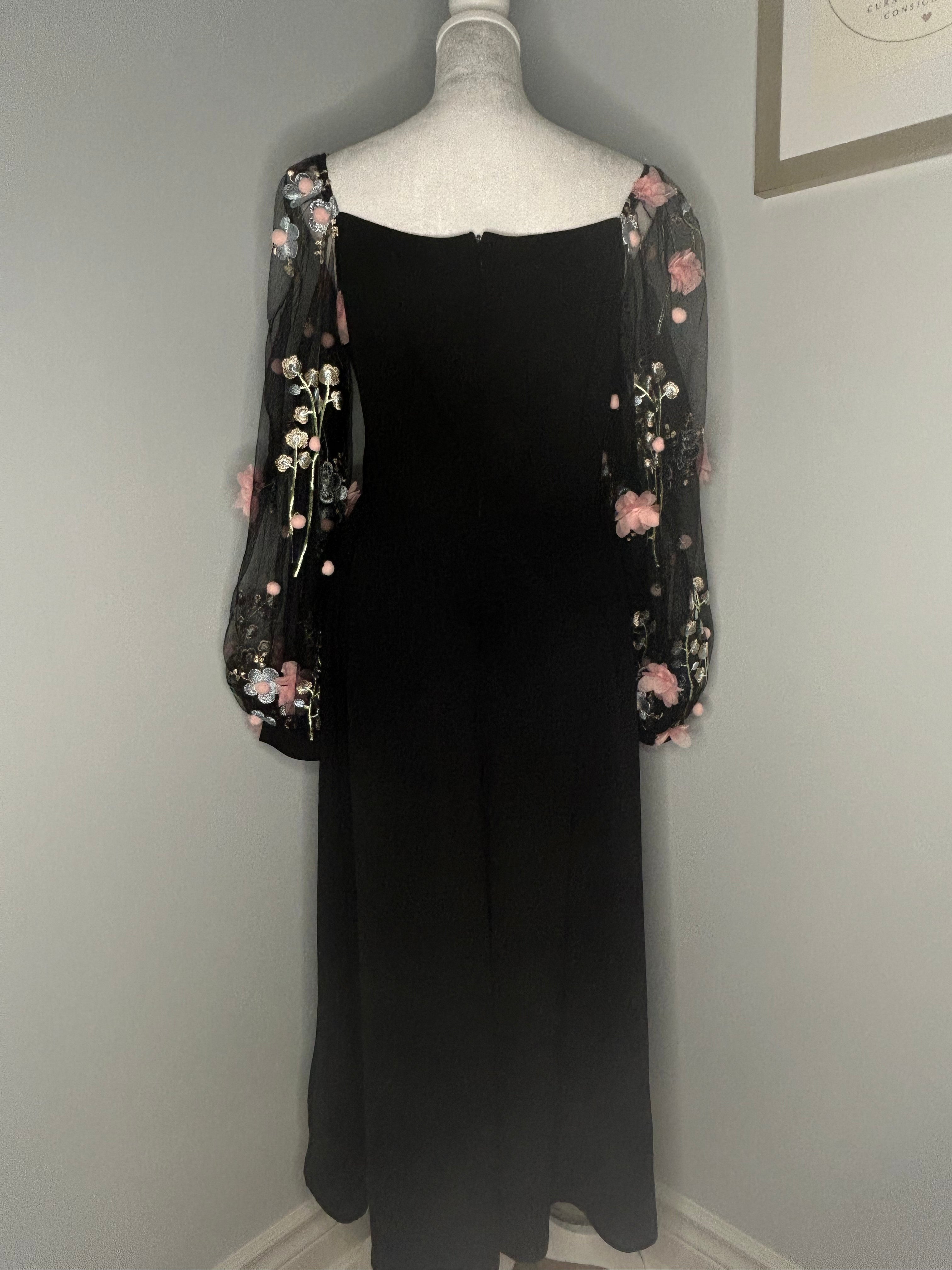 Black Midi Dress with Floral Embroidered Sleeves  Size: Medium
