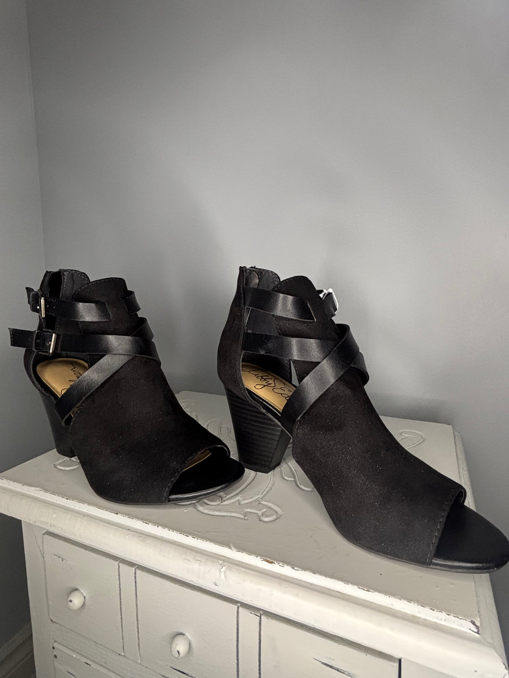 Libby Edelman Black Peep Toe Heeled Booties - Size 7
