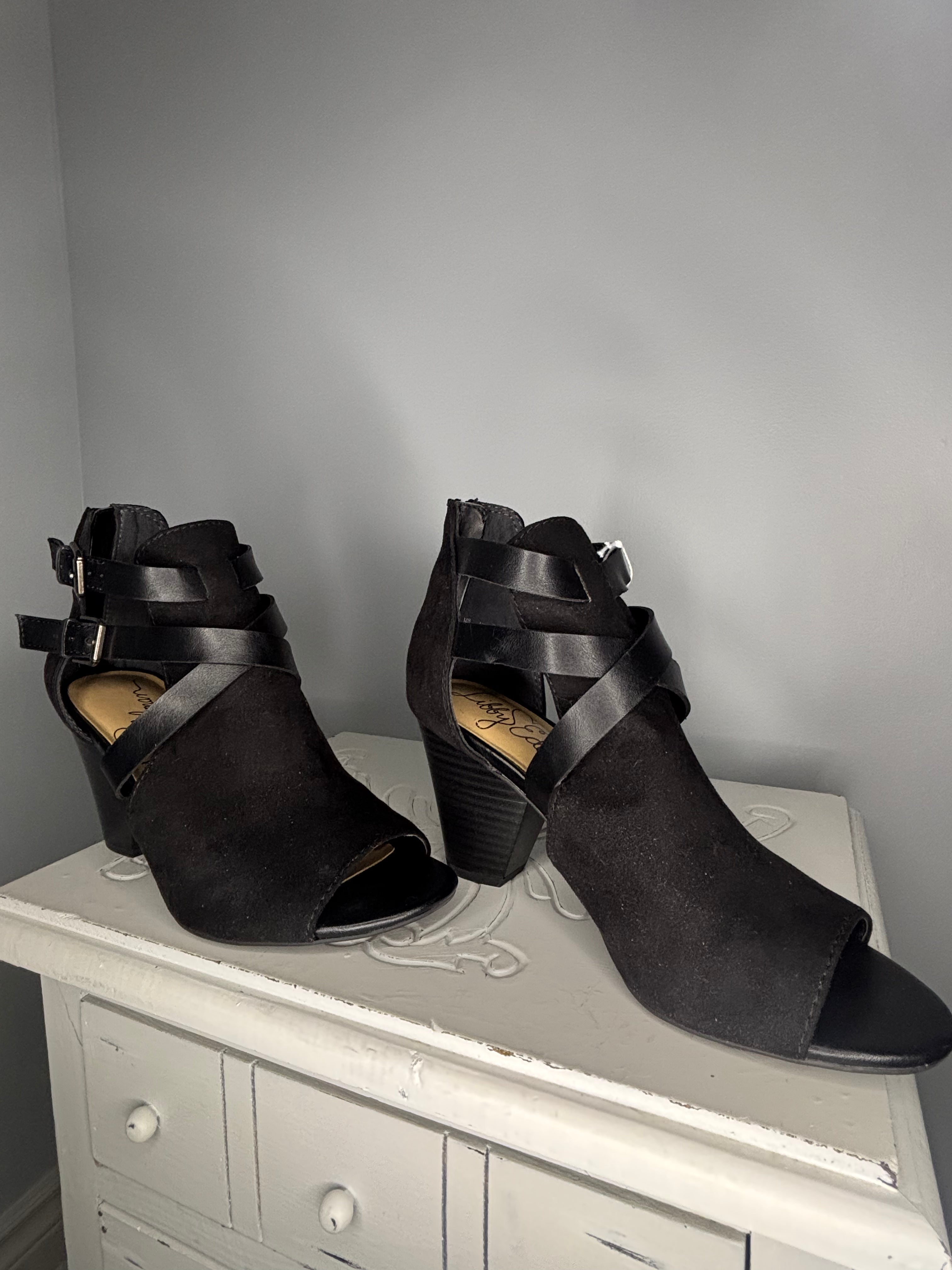 Libby Edelman Black Peep Toe Heeled Booties - Size 7