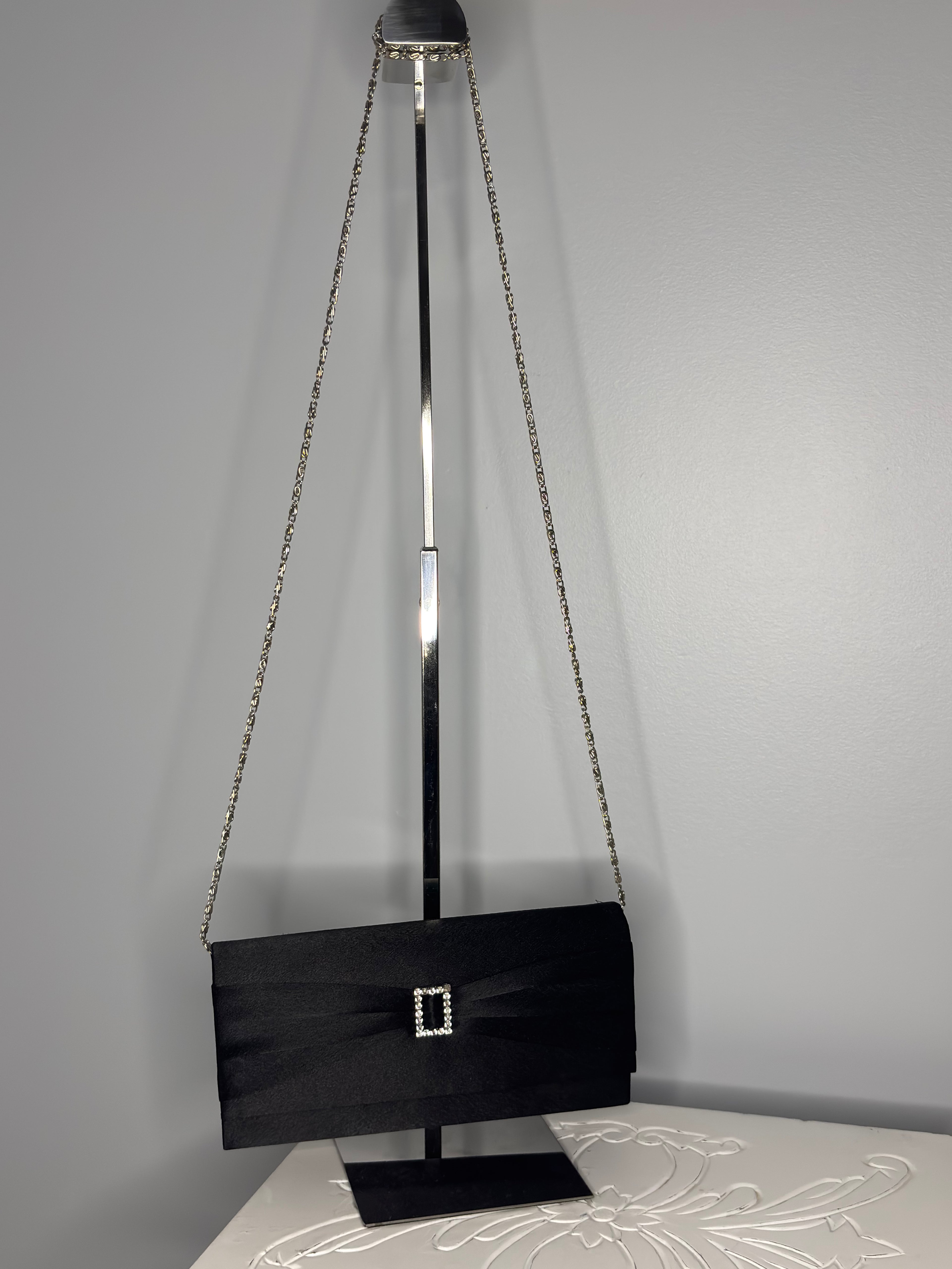 Black Satin Evening Clutch with Chain Strap