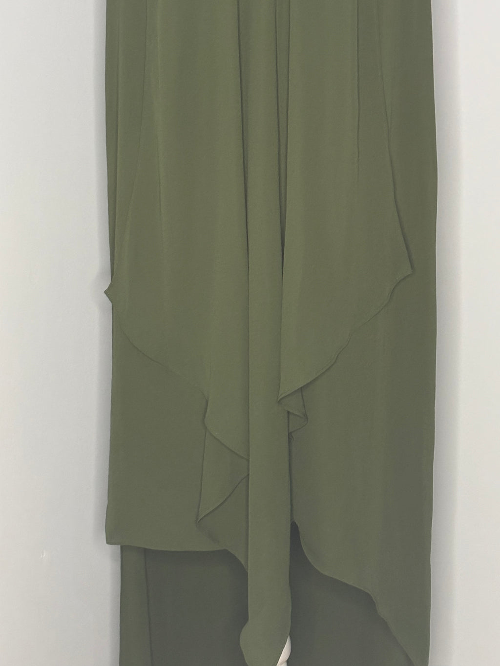 Olive Crepe Chiffon High-Low Maxi Dress | Elegant Cascade Front Detail
