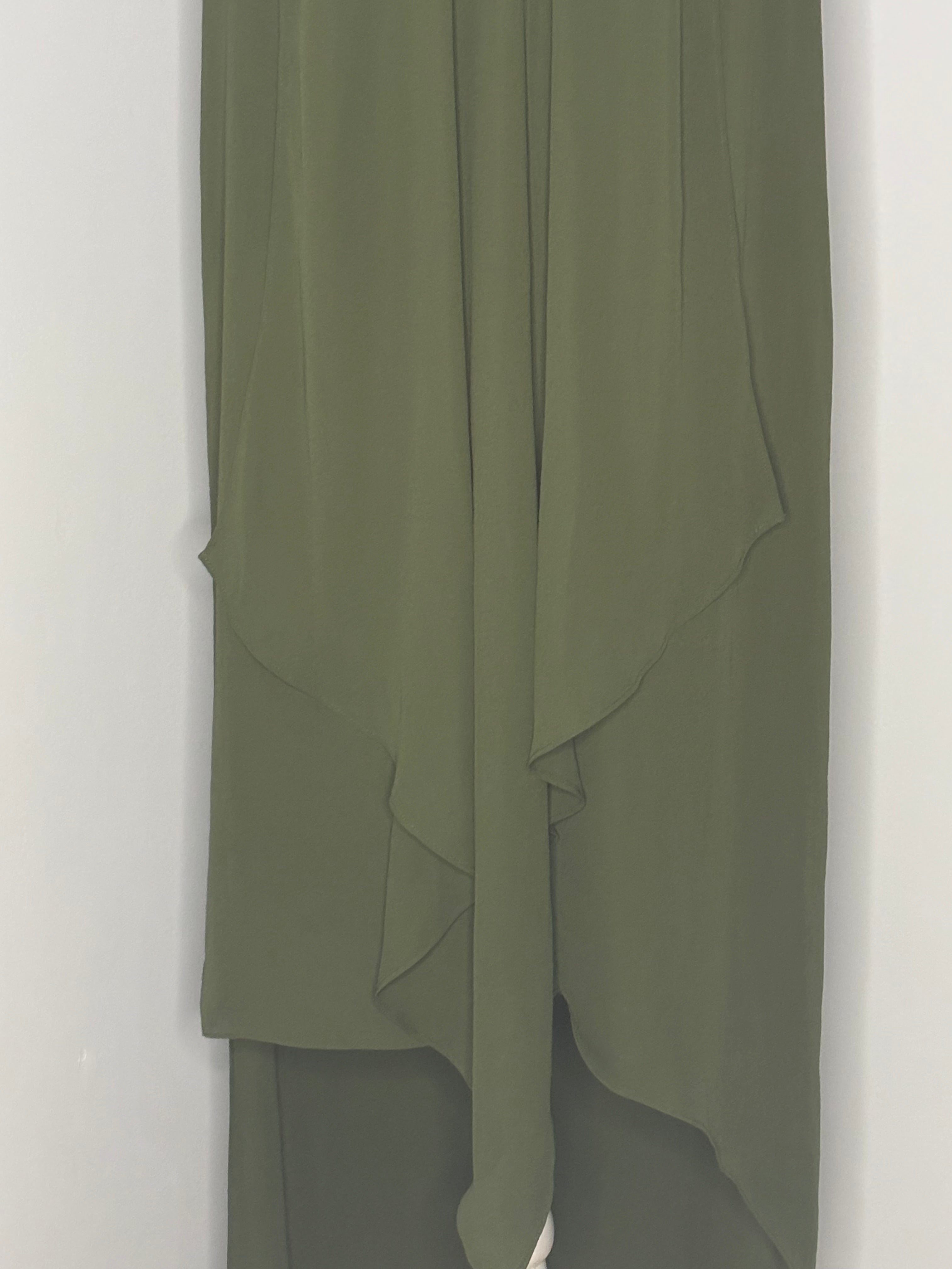Olive Crepe Chiffon High-Low Maxi Dress | Elegant Cascade Front Detail