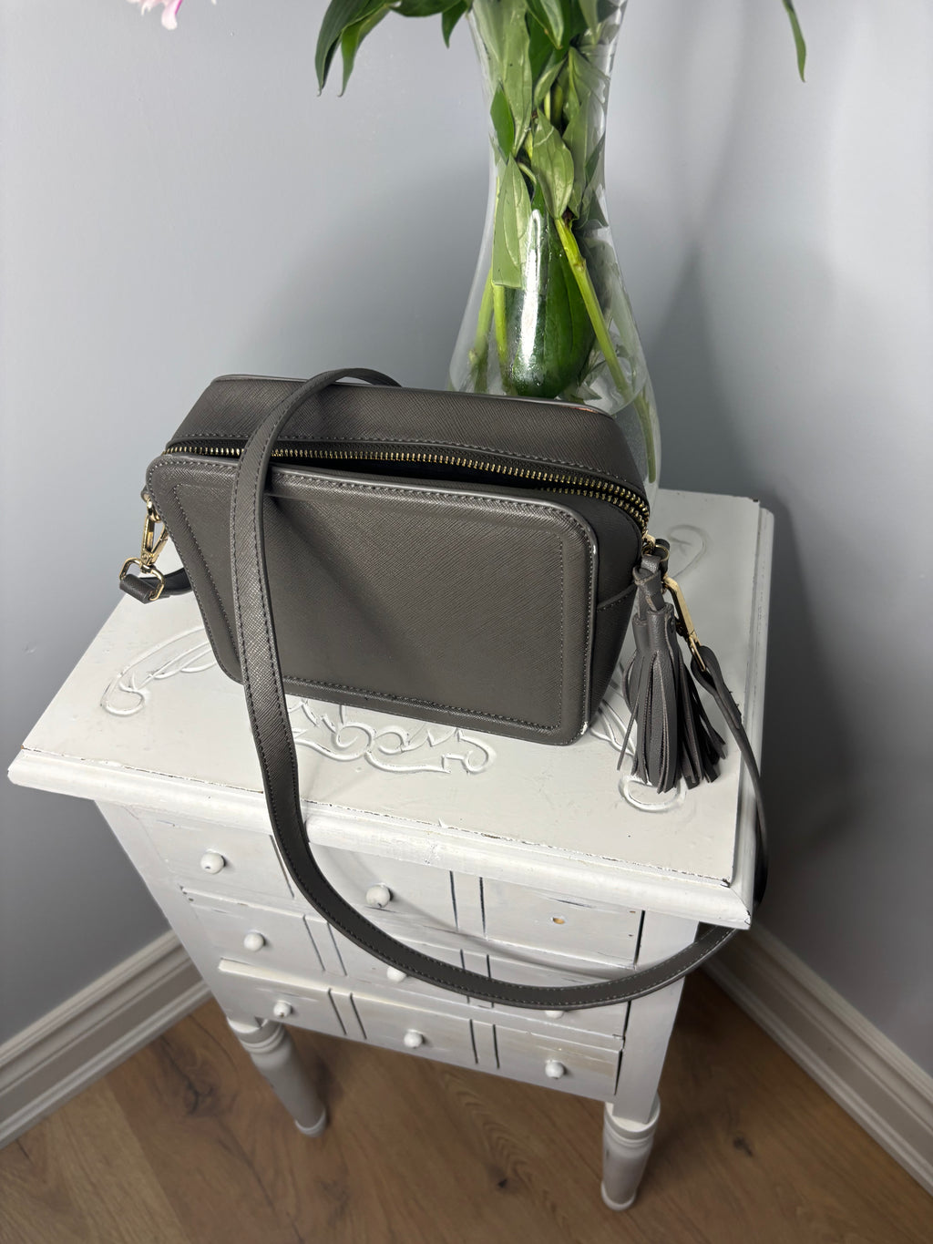 Lionel Structured Gray Crossbody Handbag Faux Leather Tassel Purse