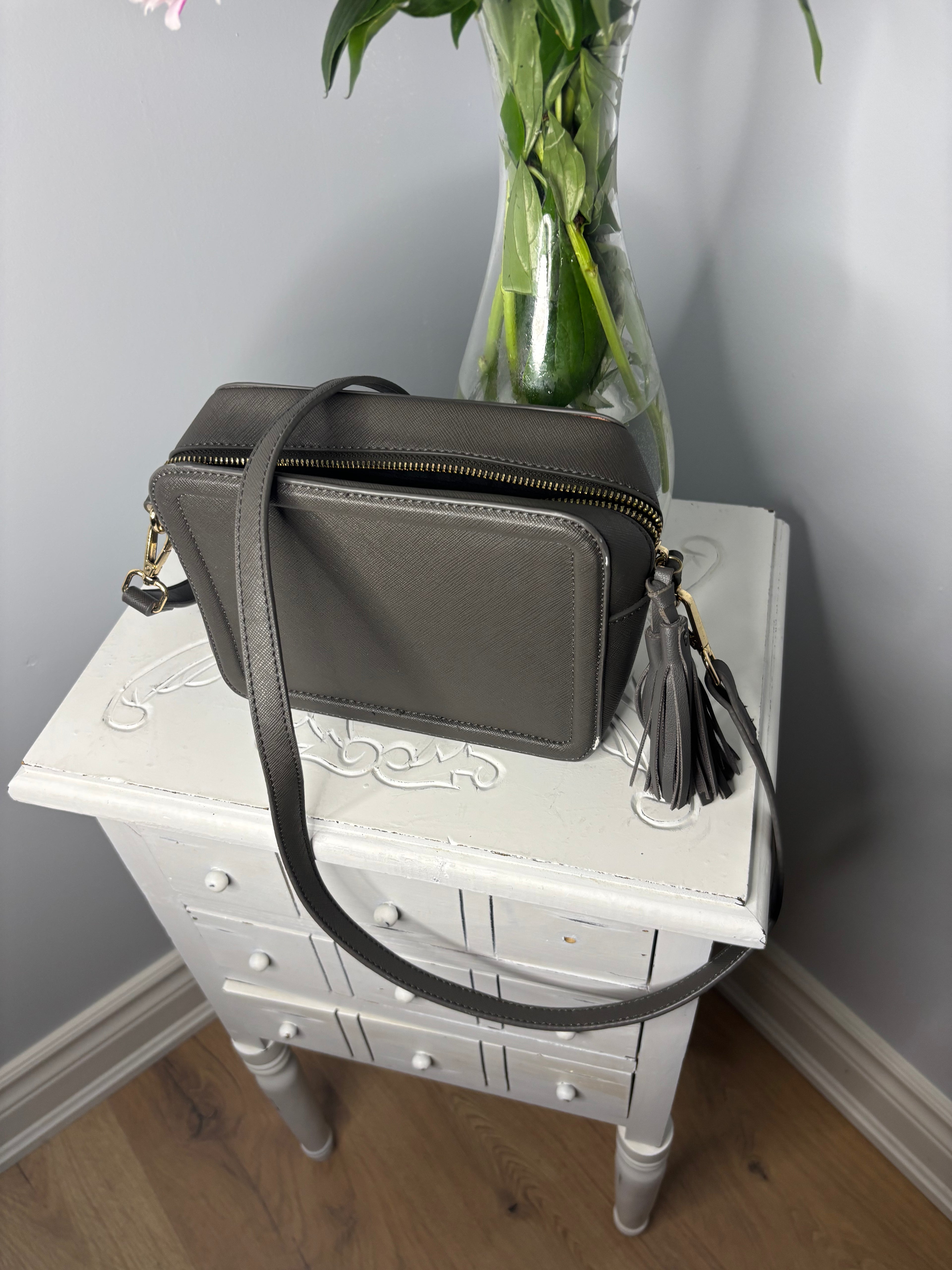 Lionel Structured Gray Crossbody Handbag Faux Leather Tassel Purse