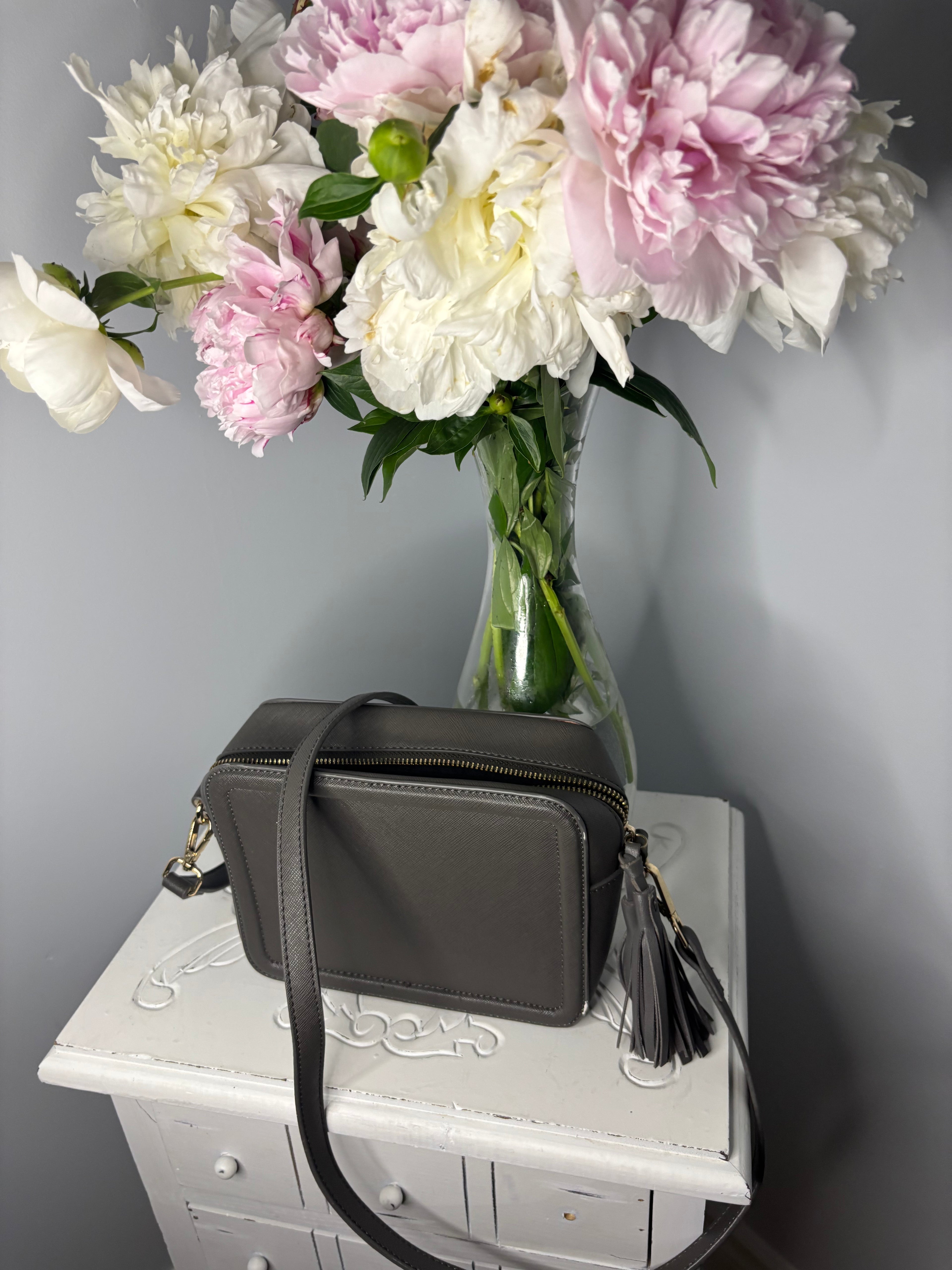 Lionel Structured Gray Crossbody Handbag Faux Leather Tassel Purse