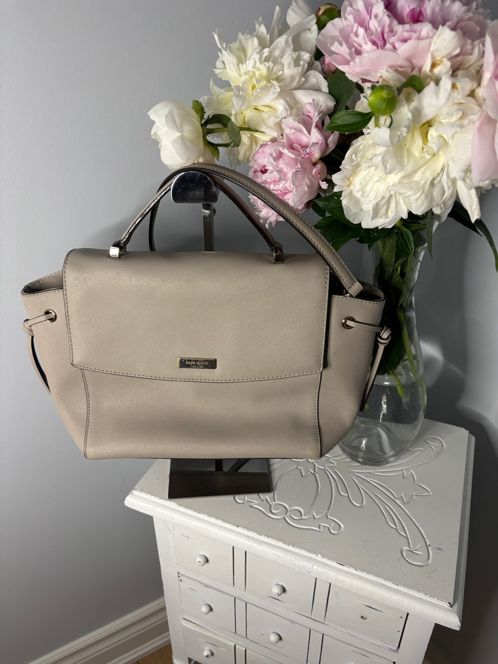 Kate Spade New York Taupe Saffiano Leather Satchel Top Handle Crossbody Bag