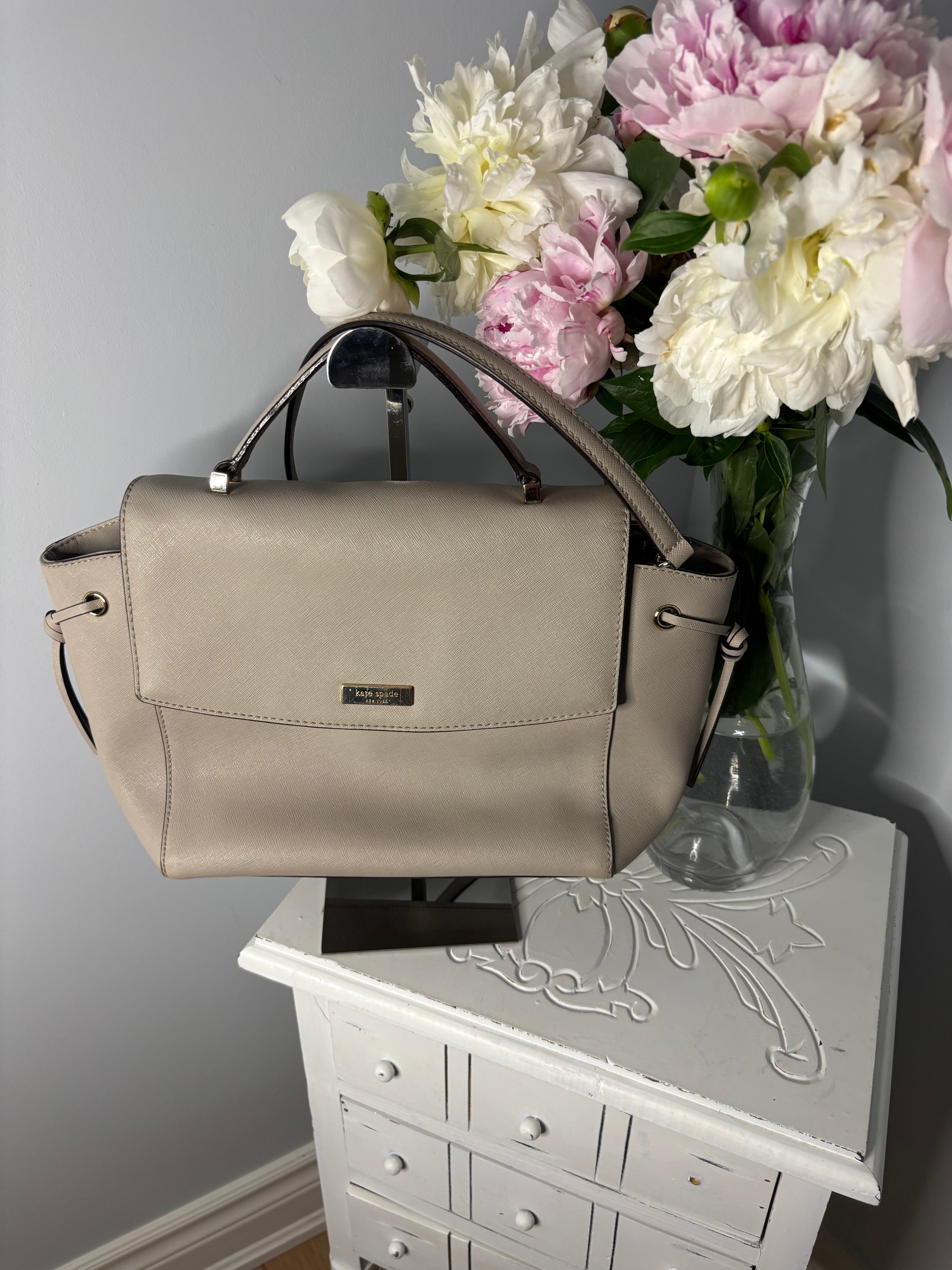 Kate Spade New York Taupe Saffiano Leather Satchel Top Handle Crossbody Bag