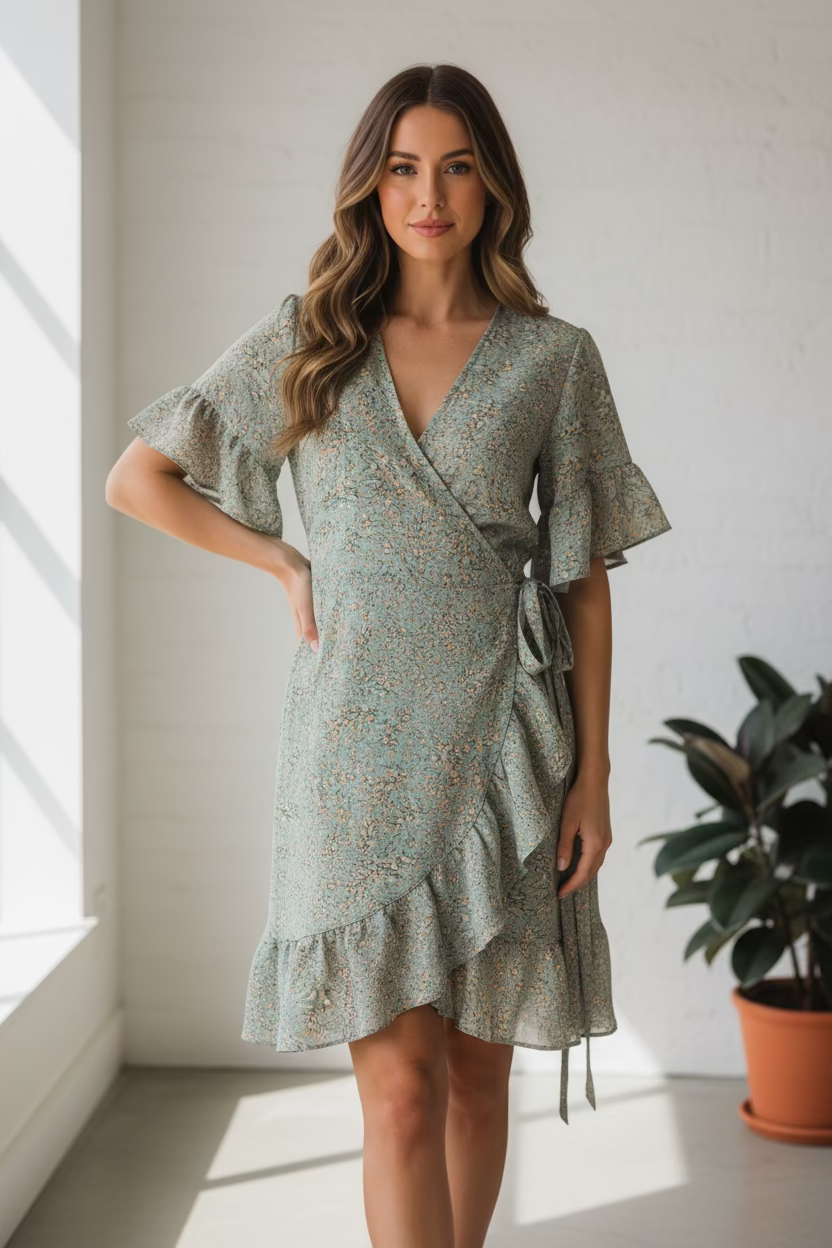 Love Stitch Sage Floral Wrap Dress – Size Large