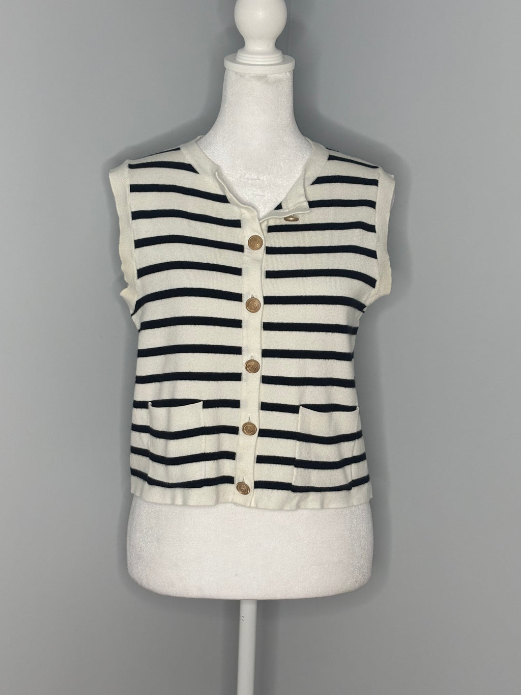 Dreamers Navy & Cream Striped Knit Vest Size Medium