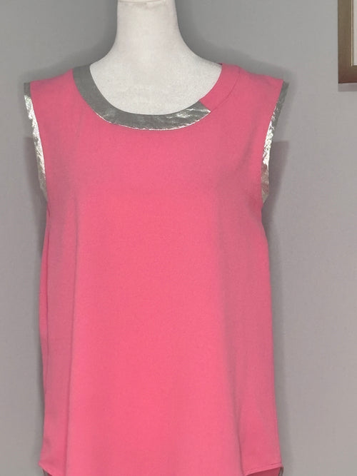 Anne Klein Pink Sleeveless Blouse with Metallic Trim – Size 10