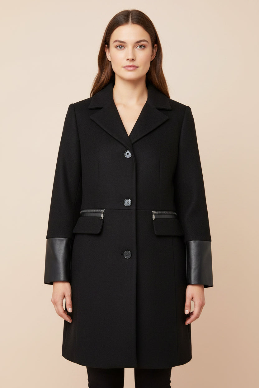 DKNY Black Wool Blend Coat with Faux Leather Trim | Size 14