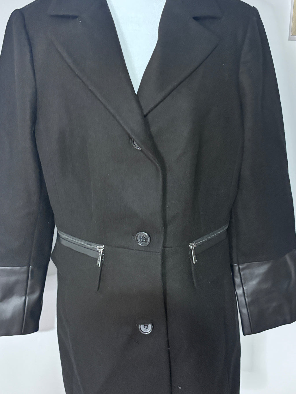 DKNY Black Wool Blend Coat with Faux Leather Trim | Size 14