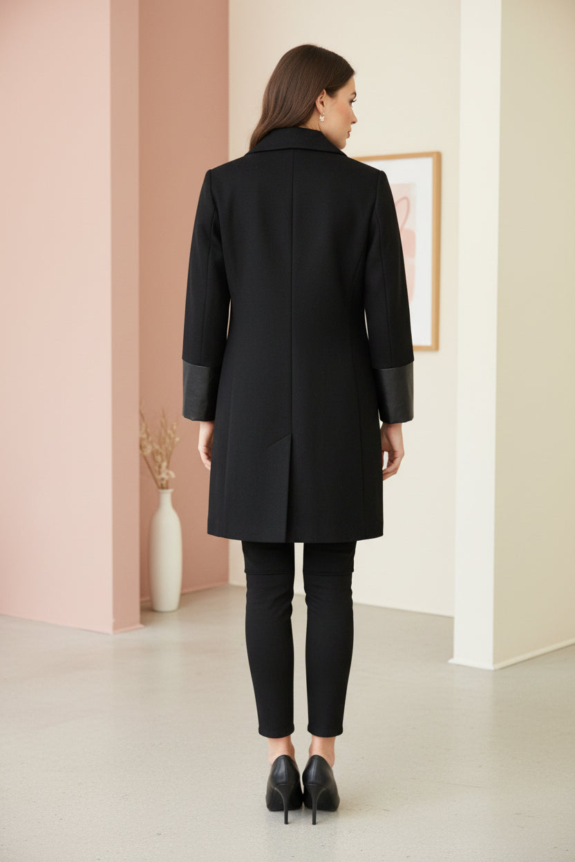 DKNY Black Wool Blend Coat with Faux Leather Trim | Size 14