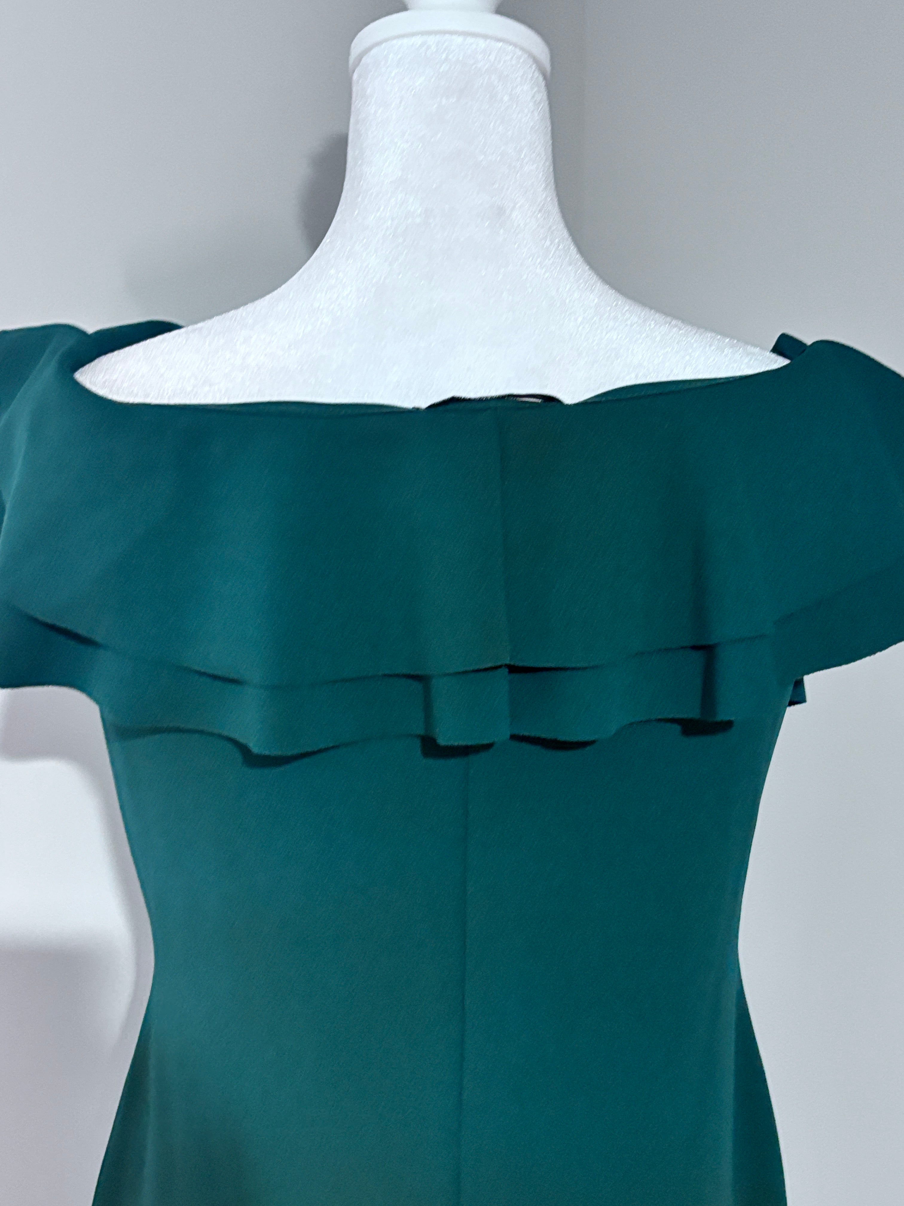 Emerald Green Off-the-Shoulder Ruffle Midi Dress | UK 16 (Approx. CA 14)